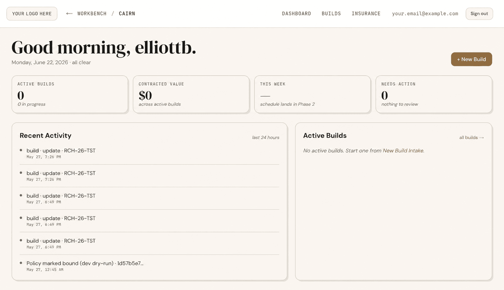 Insurance dashboard — every active build's coverage, monitored continuously