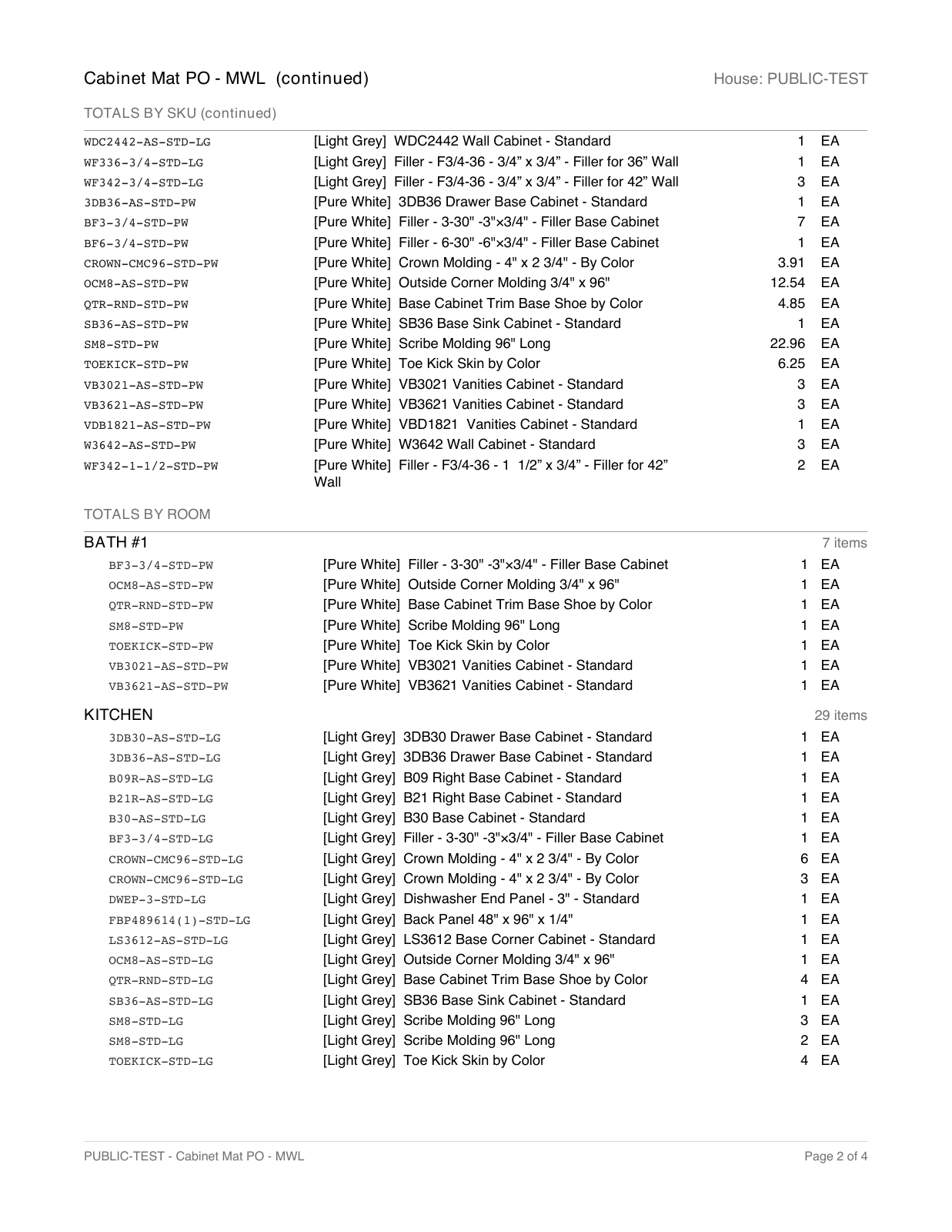 PUBLIC-TEST Light Grey cabinet order, page 2 of 4, showing product totals and the room breakdown