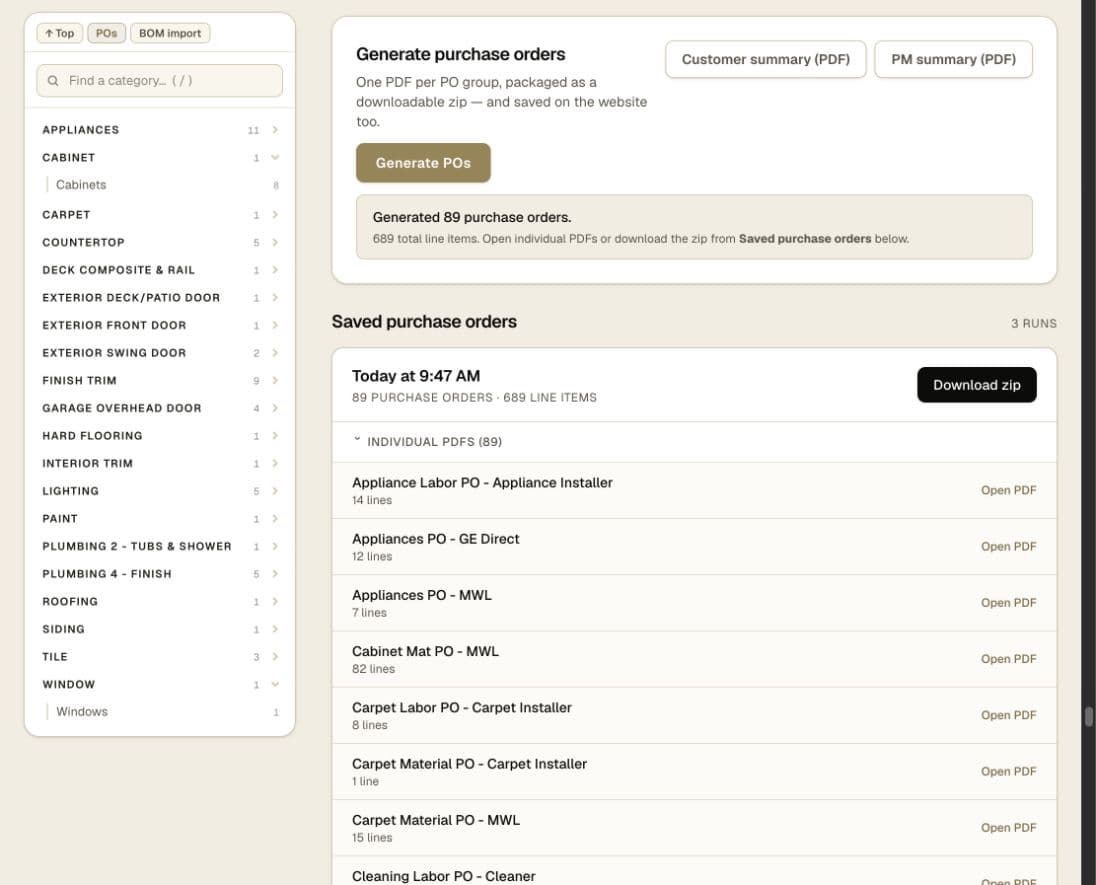 PUBLIC-TEST generated orders: 89 purchase orders from 689 lines, with the 82-line cabinet PDF in the saved list
